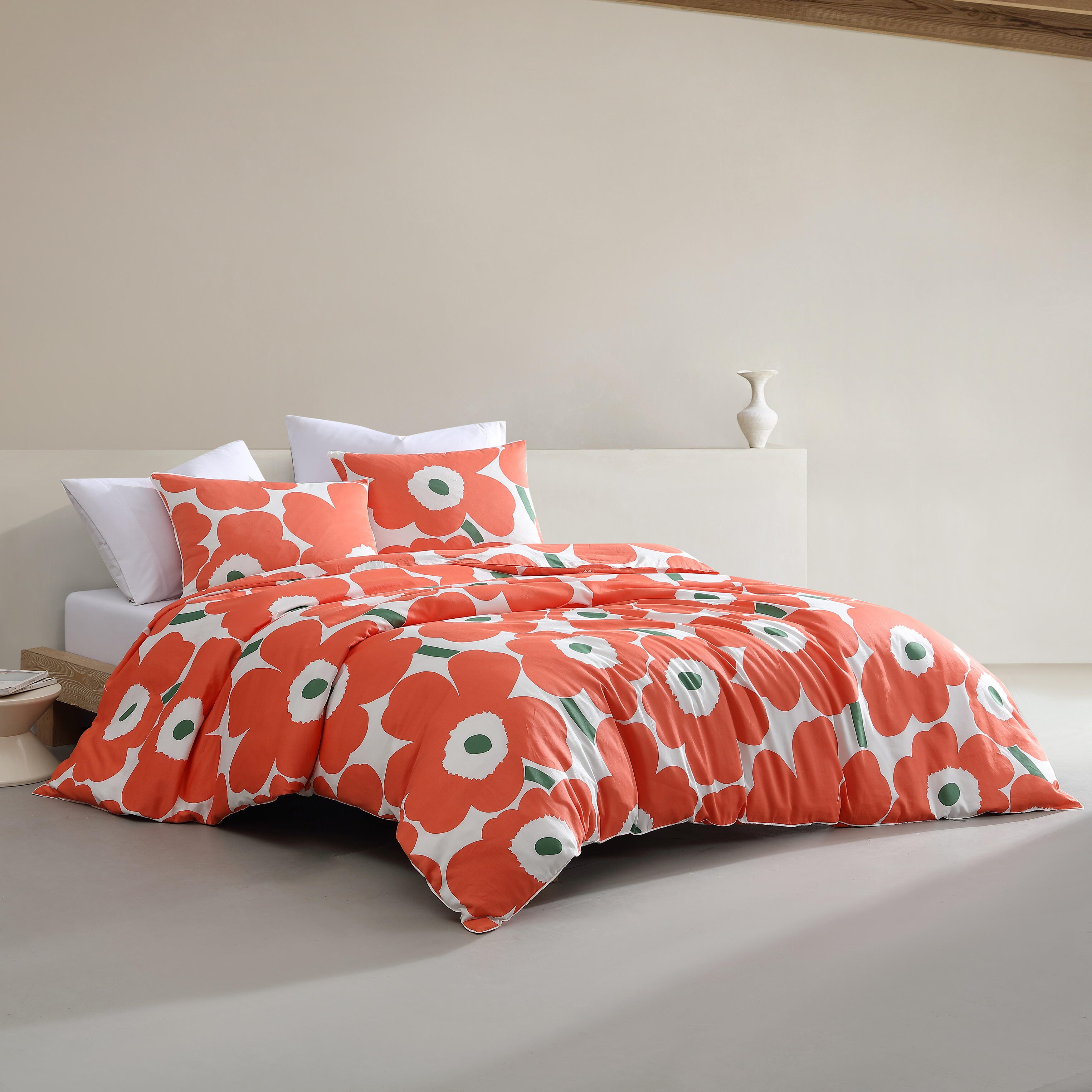 Marimekko Unikko Open Bright Orange Full Queen Duvet Cover Set