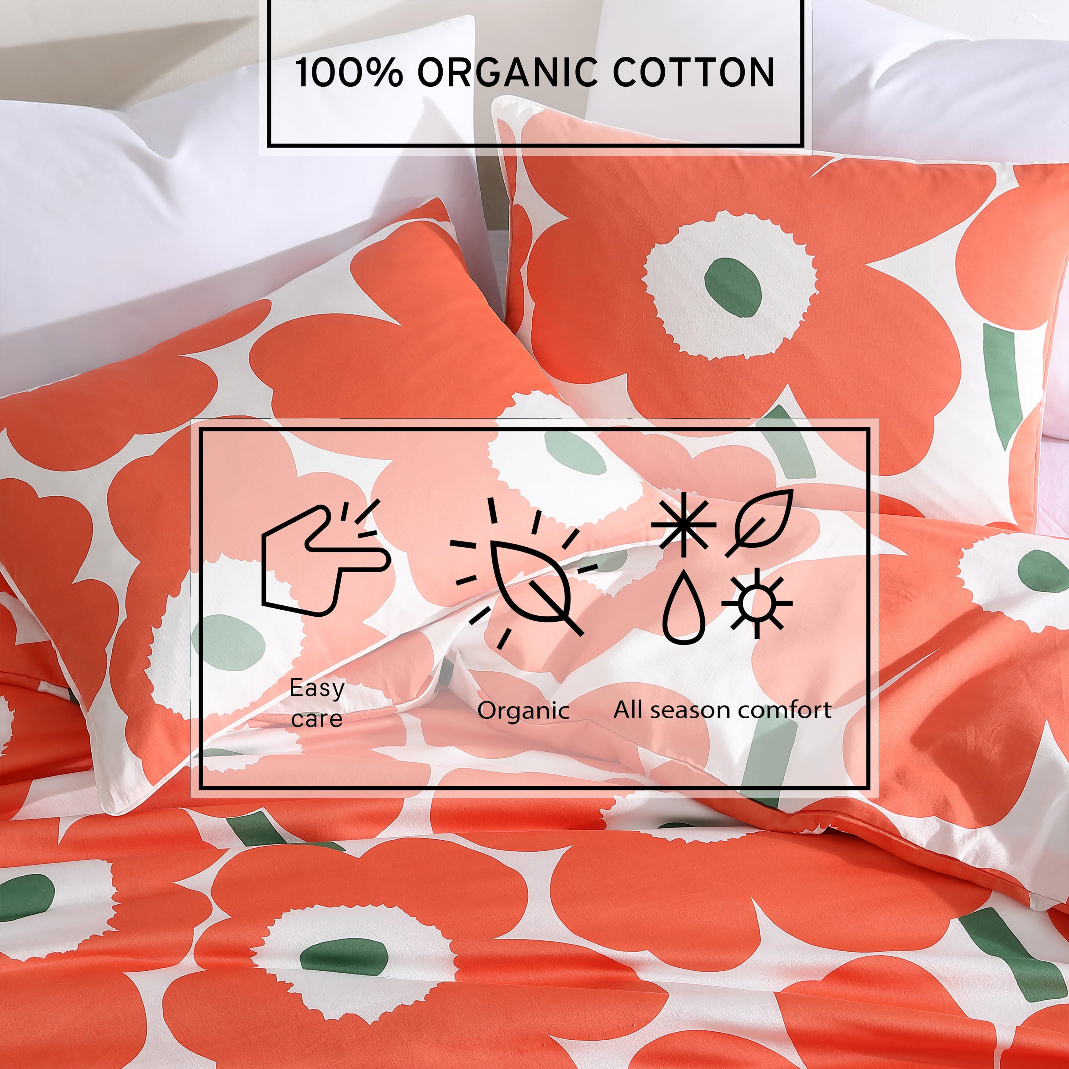 Marimekko Unikko Ouvert Orange Brillant Ensemble de Housse de Couette Full Queen