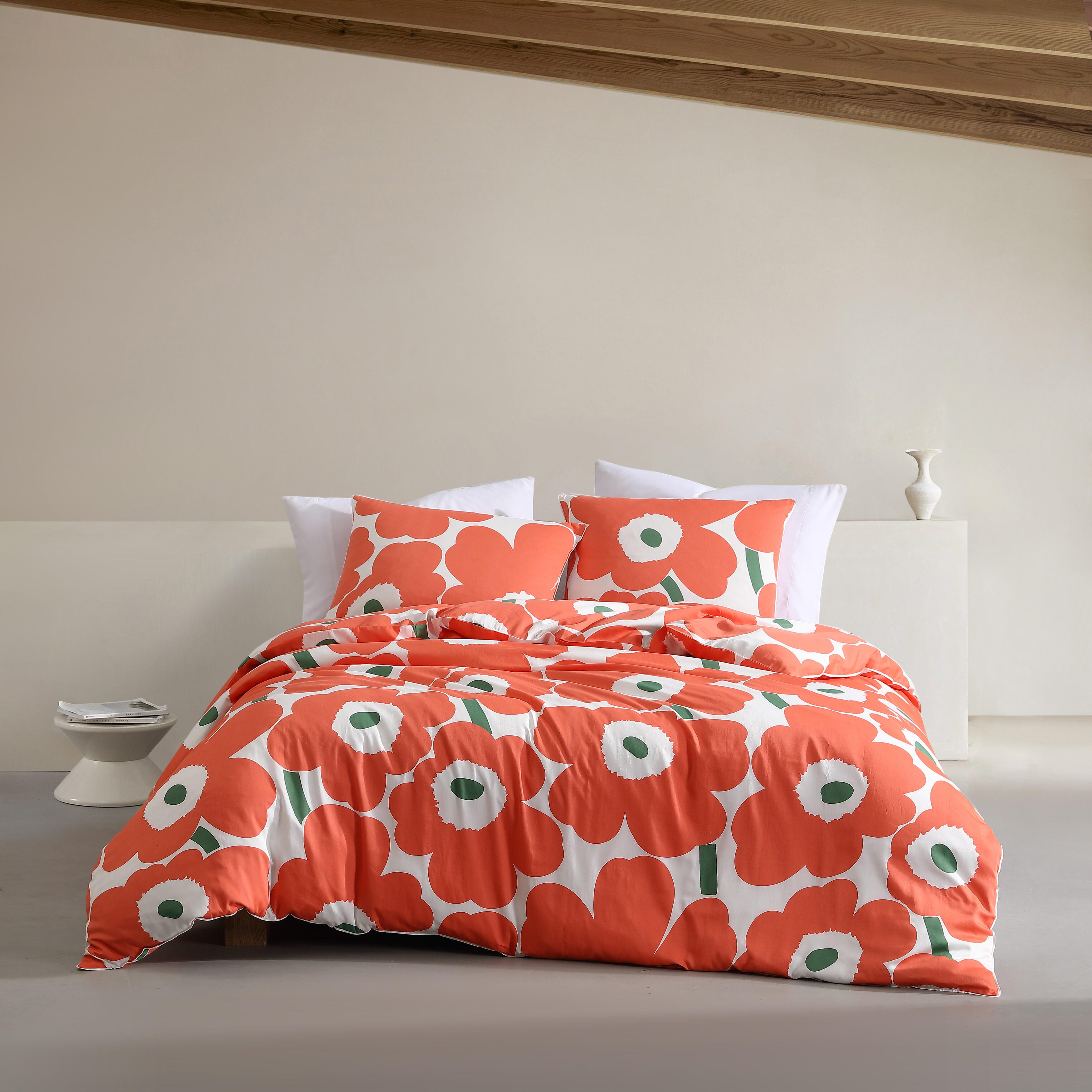 Marimekko Unikko Open Bright Orange Full Queen Duvet Cover Set