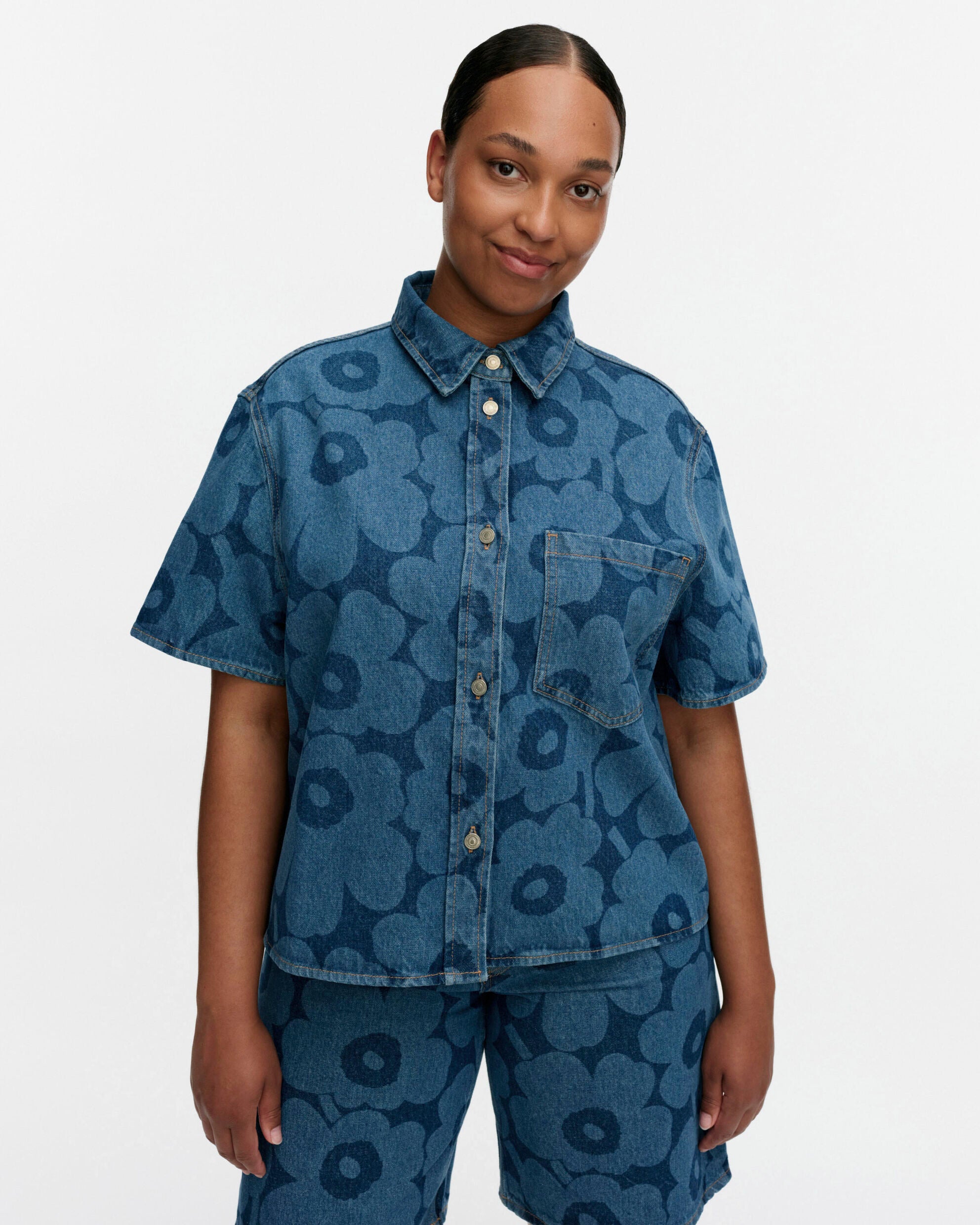 限定 marimekko Maridenim Unikko デニムシャツ 46 Maridenim Kuvata Unikko Shirt